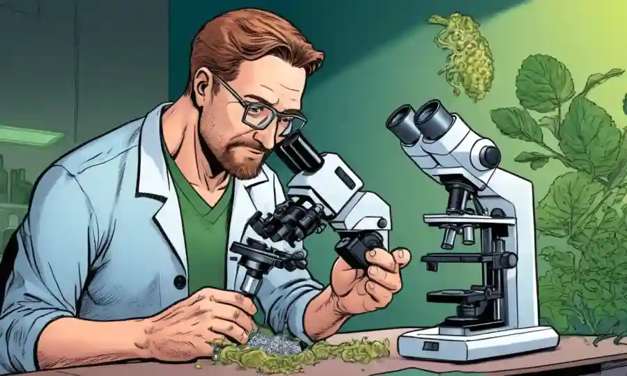 Un biólogo en un microscopio que examina los organismos simbióticos en la naturaleza.