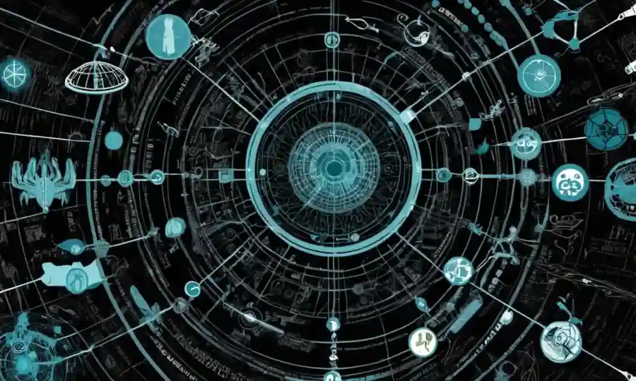 Una web compleja, interconectada que representa sistemas de vigilancia histórica simbiótica con varios iconos y símbolos.