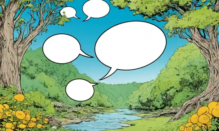 Dos círculos interconectados con burbujas de discurso y imágenes de la naturaleza entre ellos.