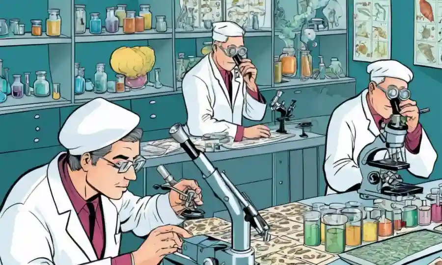 Científicos que estudian hongos en un laboratorio con diapositivas y gráficos microscopios.