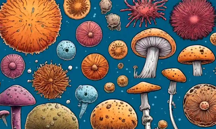 Imágenes microscópicas de hongos con varios patógenos y símbolos relacionados con la salud.